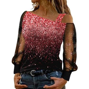 Imagem de Aniywn Camiseta feminina de manga comprida com ombro de fora e lantejoulas de malha com glitter, blusa de festa, clube, blusa Y2K, A2 - vermelho, G