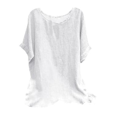 Imagem de Camisetas femininas de linho de verão manga curta casual gola redonda camiseta grande túnica básica cor sólida blusa solta, Branco, 3G