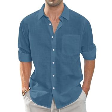 Imagem de J.VER Camisa masculina de linho casual abotoada manga longa gola lisa camisa de praia de verão com bolso, Cinza e azul, 3G