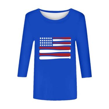 Imagem de Camisetas femininas de manga 3/4 de 4 de julho com bandeira americana patriótica, listras estrelas, túnica, blusas, Azul, GG