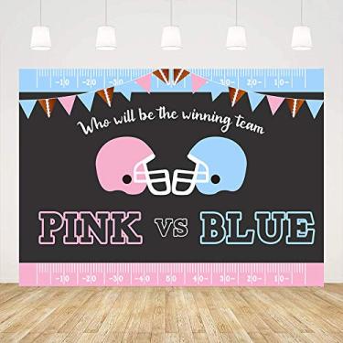 Imagem de Ticuenicoa Pano de fundo rosa ou azul revelação de gênero com tema esportivo de festa de chá de bebê banner ele ou ela banner futebol chá de bebê adereços de cabine de fotos decoração de festa de menina ou menino faixa de mesa de bolo 1,5 x 0,9 m