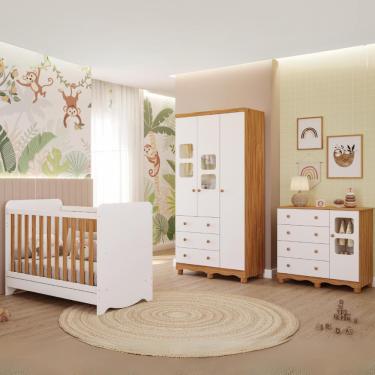 Imagem de Quarto de Bebê Completo com Berço Americano Ben 3 Em 1 Guarda Roupa 3 Portas e Cômoda Uli 4 Gavetas 100%MDF Móveis Peroba