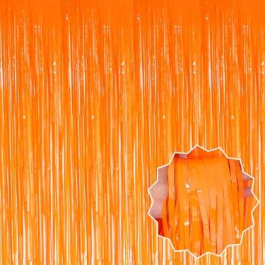 Imagem de Pacote com 6 cortinas de franja de alumínio laranja macaron 8,28 x 8,2 m, decorações de festa, cortinas metálicas para cabine de fotos, Halloween, Natal, aniversário, celebração, evento, decoração de