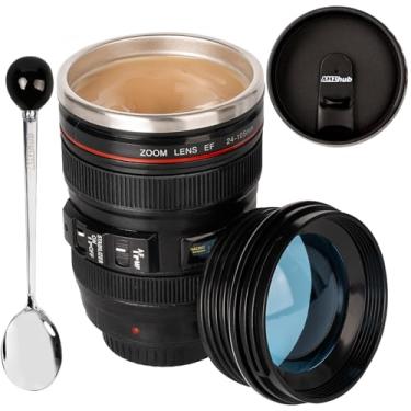 Imagem de AMZHUB Caneca de café com lente de câmera, xícara de café de viagem, caneca de lente de aço inoxidável, caneca térmica para lente de câmera com tampa e colher, presentes legais para fotógrafos, homens
