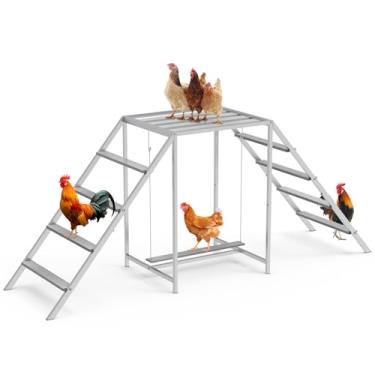 Imagem de Poleiro de galinha para galinheiro com conjunto de balanço e escada, barras de cobertura para galinhas no galinheiro, brinquedos de frango para a saúde e felicidade do animal de estimação, cinza