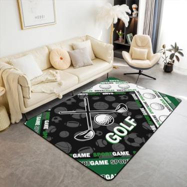 Imagem de Tapete de área de golfe verde bolas de desenhos animados tapete de chão interno temático esportivo para crianças adolescentes adultos palavras hippie linhas decoração de graffiti tapete antiderrapante