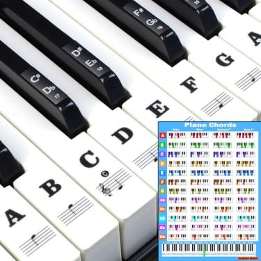 Imagem de JUNLEGO Adesivos de teclado de piano com tabela de acordes de piano, para teclas 88/61/54/49, etiquetas de letras para iniciantes e crianças pequenas, guias de notas de piano, adesivos de chave de