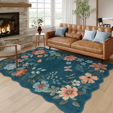 Imagem de Lahome Tapete floral lavável, ultrafino, macio, antiderrapante, resistente a manchas, leve para sala de estar, quarto, sala de jantar, escritório (1,5 x 2,1 m, azul marinho)