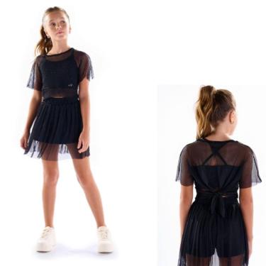 Imagem de Conjunto 3 peças  top com brilho, blusa e shorts saia tule Menina Anjo