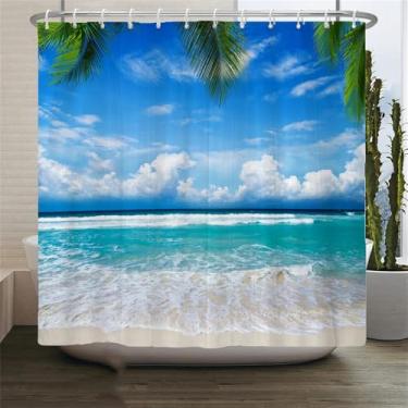 Imagem de Cortinas de chuveiro com cenário de praia, mar, oceano, mediterrâneo, cortina de banheiro, tecido impermeável, decoração, 15, W300xH180cm