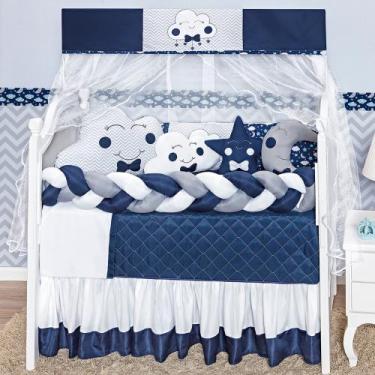 Imagem de Kit enxoval de berço 12 peças nuvem estampada com trança e lateral  - 