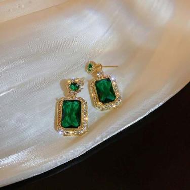 Imagem de Conjunto Colar e Par Brincos Quadrado Esmeralda Luxo Strass - anjo da 