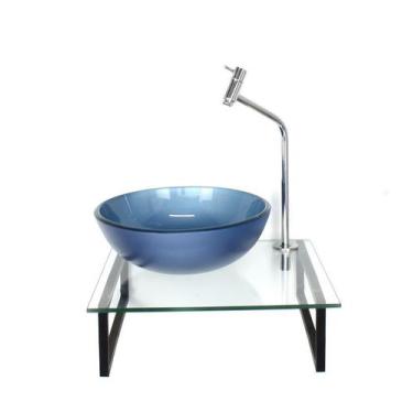 Imagem de Kit cuba de vidro redonda 10mm azul tampo 40cm incolor com suporte tor