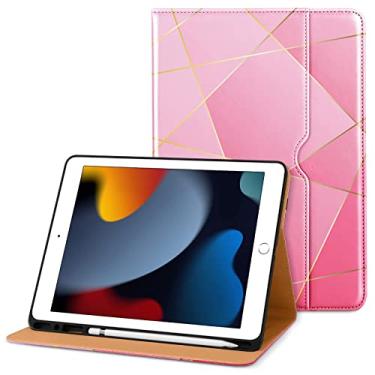 Imagem de DTTO Capa para iPad 9ª/8ª/7ª geração de 10,2 polegadas 2021/2020/2019, capa fólio de couro premium com suporte para Apple Pencil – Despertar/hibernar automaticamente e vários ângulos de visualização, polígonos abstratos
