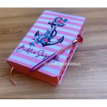 Imagem de combo Biblia Âncora e Caneta fofa Letras Grandes Evangélica Com Harpa 