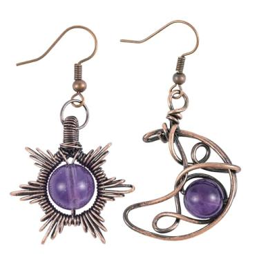 Imagem de Nupuyai Brincos femininos com pingente de cristal gótico boho de sol e lua, fio de cobre assimétrico, sol, lua, pedra, Cobre Cobre Ametista, Pedra de cristal ametista