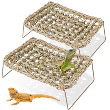 Imagem de Soaoo 2 peças de espreguiçadeira de lagarto para descanso, retangular, rede de réptil, cama, fibras de grama, cama de dragão barbudo, acessórios de escalada para habitats, pequenos animais,