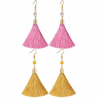 Imagem de TUMBEELLUWA Pacote com 2 brincos pendentes de borla com franja de contas, joias feitas à mão para mulheres, Metal Algodão Miçanga rosa + conta amarela metal algodão, Pedra