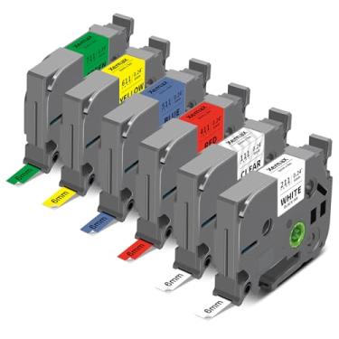 Imagem de XemaX Pacote com 6 fitas adesivas multicoloridas de 6 mm 0,6 cm compatível com Brother P Touch Label Tape 6 mm 1/10.2 cm Tze Tz Tape 6 mm laminada para PTD220 PTH100 PTH110 PTD202 PTD210,