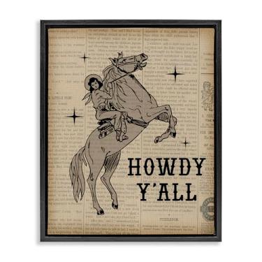 Imagem de Stupell Industries Howdy Y'all Vintage Newspaper Framed Floater Canvas Wall Art Design por Daniela Santiago, moldura flutuante preta, 43,3 x 53,8 cm