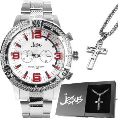 Imagem de Relógio Masculino Prata Aço Inox Qualidade Pesado Luxo Religioso Jesus Qualidade + Caixa Barato