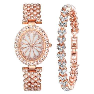 Imagem de ADSBIAOYE Relógios de pulso femininos, pulseira de aço inoxidável, pulseira de diamante, relógio feminino vestido de quartzo, 1 ouro rosa, Moderno