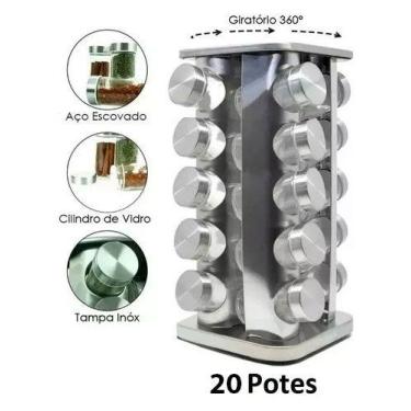 Imagem de Porta Tempero Giratório Inox 20 Potes Vidro Dosador Cozinha - Iddeale