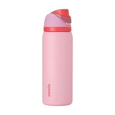 Imagem de Owala FreeSip Garrafa de água isolada de aço inoxidável com canudo para esportes e viagens, garrafa de água esportiva sem BPA, 947 ml, rosa, bolo de comida de anjo