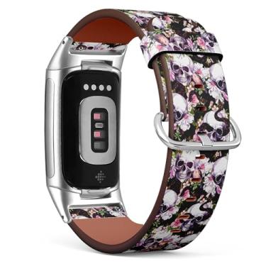 Imagem de Pulseira de relógio de couro de substituição compatível com Fitbit Charge 5/Fitbit Charge 6 (crânios humanos, flores, borboletas, pássaros), pulseira para smartwatch para mulheres e homens