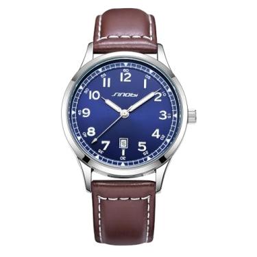 Imagem de SINOBI Relógios clássicos masculinos com calendário, resistente à água, luminoso, fácil leitura, numerais arábicos, relógio social masculino, prata-azul-marrom