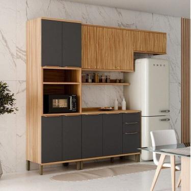 Imagem de Cozinha Modulada Compacta 270cm 4 Peças 10 Portas com Tampo 100% MDF Noruega Espresso Móveis Amêndoa/Cinza