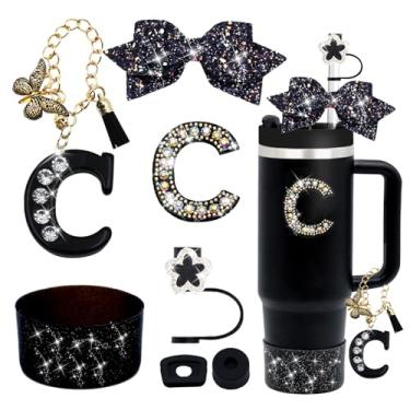 Imagem de Conjunto de acessórios de copo Stanley pretos 7 peças para copo Stanley de 850 g 1,134 g, incluindo topo de palha de diamante, pingente de letra, laço brilhante, adesivo de iniciais, tampa à prova de