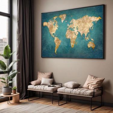 Imagem de Quadros decorativos com Moldura Sala Quarto Mapa Mundi Verde Grande Ha