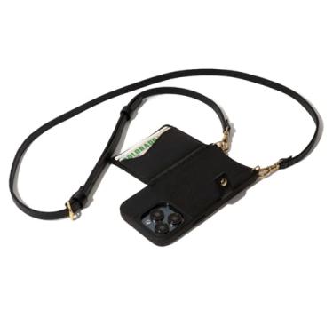 Imagem de Bandolier Mila Capa de celular tipo carteira transversal [compatível com MagSafe] para iPhone 15 Pro Max. 100% couro de seixo genuíno. Alça ajustável e removível. Preto com ferragens douradas