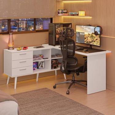 Imagem de Escrivaninha Em L Mesa Para Computador Gamer 3 Gavetas Branco Lisboa Madesa
