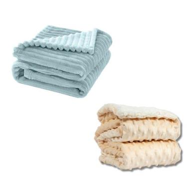 Imagem de Cobertor Kit 2pçs Bebê Wave Berço Azul e Pipoquinha Marfim - Neném Na 