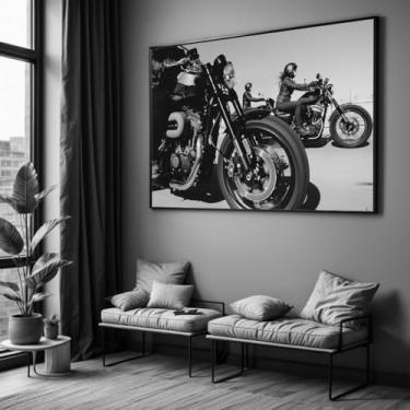 Imagem de Quadro com Moldura Sala Quarto 90x60 Motos Harley Preto e Branco Decorativo Horizontal Grande Hall