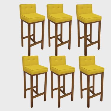 Imagem de Kit 06 Banqueta Alta Com Encosto Alba Cozinha Balcão Bistrô Base Madeira Carvalho Suede Amarelo - Ahz Móveis