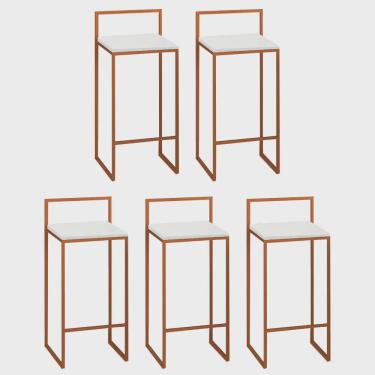 Imagem de Kit 05 Banquetas Alta Com Encosto Lino Industrial Balcão Bistrô Ferro Bronze mdf Madeira Branco - Ahz Móveis