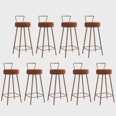 Imagem de Kit 09 Banqueta Alta Com Encosto Tais Eiffel Cozinha Bar Bistrô Ferro Bronze Corino Laranja - Ahz Móveis