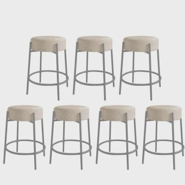 Imagem de Kit 07 Banquetas Alta Sintra 65cm Redonda Ferro Cinza Linho Cru - Ahazzo Móveis