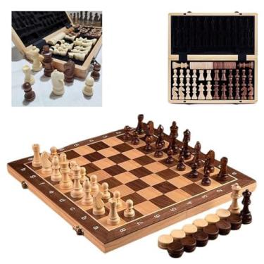 Imagem de Tabuleiro Jogo Xadrez e Damas 2 em 1 Clássico Profissional Luxo Tabuleiro Peças 100% Madeira com Acabamento em Verniz com Case Para as Peças