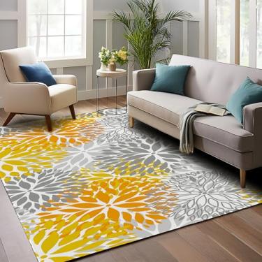 Imagem de Tapete de área de flores de dália, cinza amarelo, 12 x 18 cm, lavável à máquina, tapetes geométricos florais para sala de estar, tapete antiderrapante de pelo baixo para quarto, lavanderia, casa,