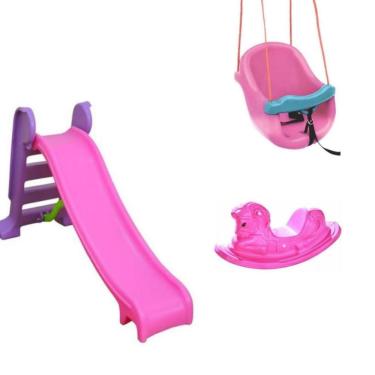 Imagem de Playground Escorregador Médio + Balanço Infantil + Gangorra Cavalinho - Rosa