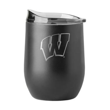 Imagem de Logo Brands NCAA Wisconsin Badgers Copo de bebida curvo com revestimento em pó preto de 473 ml - Isolamento de parede dupla, base de silicone antiderrapante, mantém as bebidas quentes ou frias