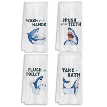 Imagem de COWEB Toalhas de mão engraçadas de banheiro tubarão, toalhas de mão infantis para decoração de banheiro, presentes para amantes de tubarões, 40,6 x 61 cm, conjunto de 4