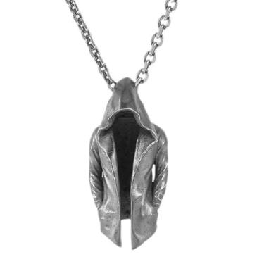 Imagem de Colar de manto corta-vento masculino banhado a prata retrô legal punk assassino com capuz chapéu capuz capa gótica sobretudo pingente colar colar joia presente