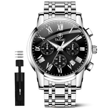 Imagem de Taxau Relógios masculinos luxuosos, multifuncionais, à prova d'água, para homens, modernos, simples, analógicos, quartzo, aço inoxidável, cronógrafo, com data luminosa, Preto-nklh-t-g8406, round,