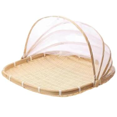 Imagem de Cesta de frutas, cesta quadrada de pão de bambu com tampa, cestas de vime de malha para servir comida com capa para piquenique, vegetais, frutas, refeições/38 x 38 cm