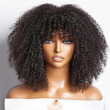 Imagem de Perucas afro curtas com franja feminina cabelos humanos afro kinky curly peruca de destaque de glueless, 1b, 12 polegadas#250%
